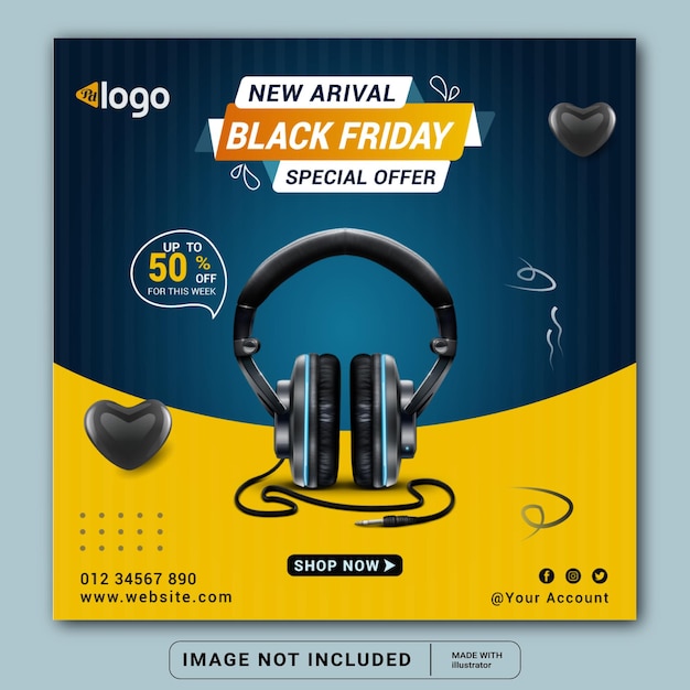 Black Friday hoofdtelefoon merk product social media banner ontwerpsjabloon of vierkante flyer