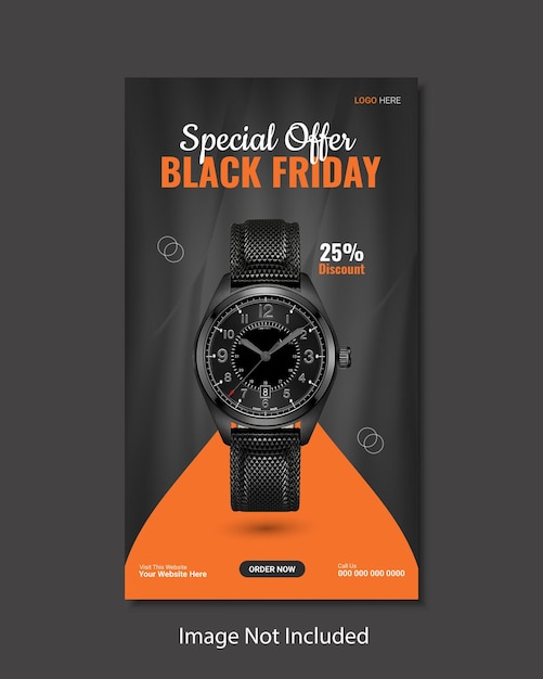 Vector black friday horloge verkoop sociale media instagram en facebook verhaal banner sjabloon