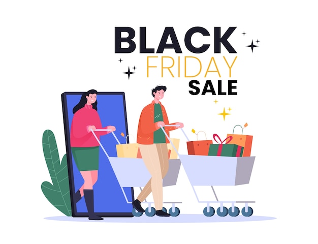 Black friday-illustratieconcept, mannen en vrouwen die winkelmandjes, online winkelen, kortingen, sociale media-illustraties duwen