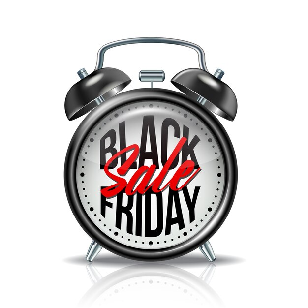 Black Friday inscription on realistic black alarm clock