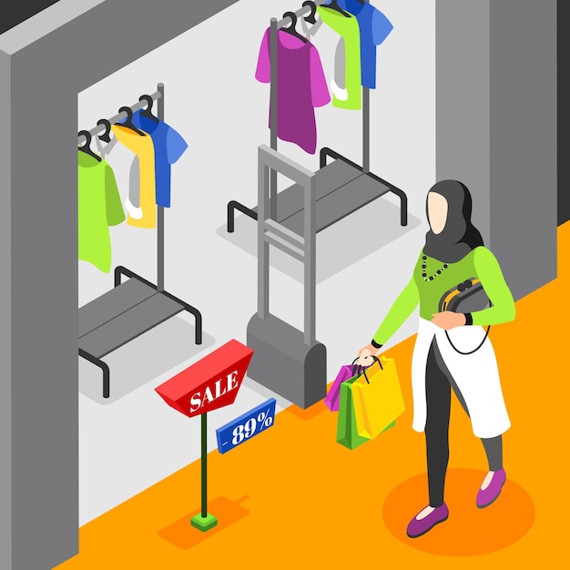 벡터 히잡을 쓴 현대 여성이 쇼핑 벡터 일러스트레이션을 위해 옷가게를 방문하는 검은 금요일 아이소메트릭 배경