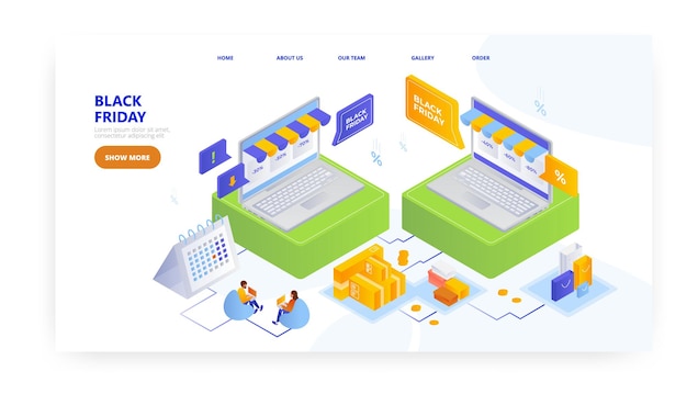 ブラックフライデーのランディングページのデザインのウェブサイトのバナーベクトルテンプレートオンラインストア販売と割引eコマース