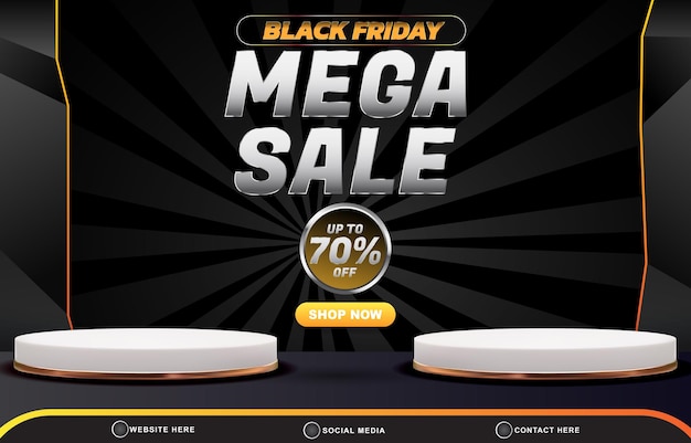 Black friday mega sale discount template banner with blank space 3d podium for product sale with abstract gradient black background design
