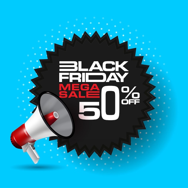 Black Friday Mega Sale kortingseenheid met poster met megafoon en star blurb. Vector illustratie.