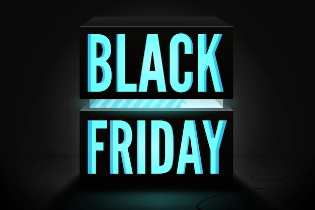 Black friday minimalist 3d vector banner template. blue neon light capital letters inscription on dark background. mega sale, discount offer trendy advert. seasonal clearance stylish poster design