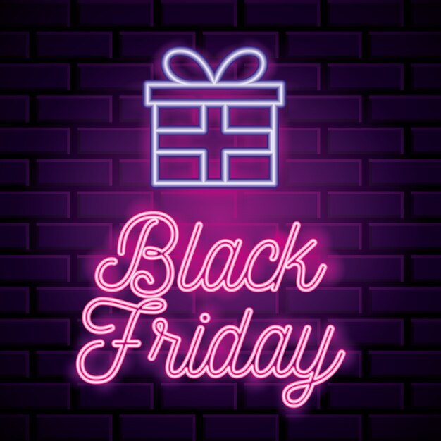 Black friday neon banner with gift icon over wall