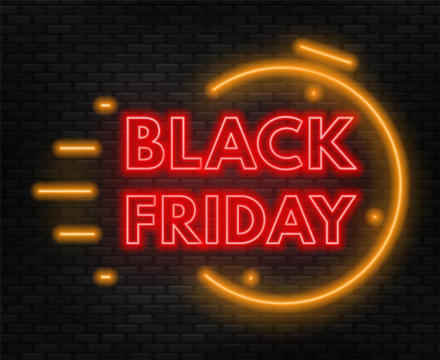 Iscrizione al neon di black friday sul fondo del muro di mattoni.