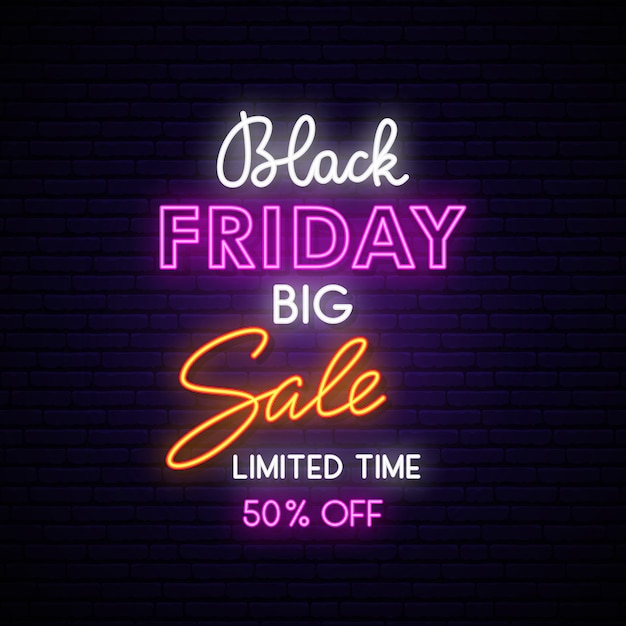 Black friday neon sign board on brick wall.