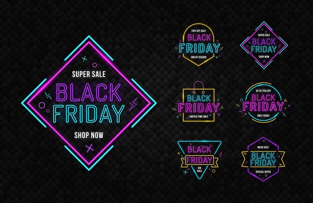 Vector black friday neon sign on the brick wall bright signage neon black friday signboard