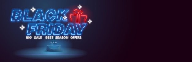 Insegna al neon del black friday. banner web, logo, emblema ed etichetta. insegna al neon, insegna luminosa, striscione luminoso. tema del black friday. sconto. grande vendita. logo, etichetta ed emblema del cyber monday.