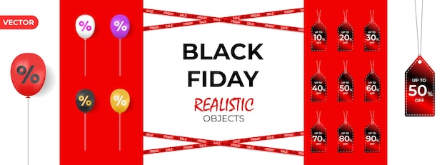 Black friday objects set Realistic ballons and sale label Helium balloons in black red golden purple and white colors Festive decorative element in realistic 3d design discount coupon Vector