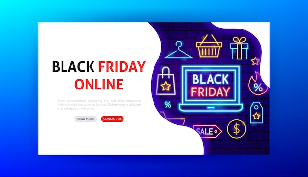 Black friday online neon-bestemmingspagina. vectorillustratie van shopping-promotie.