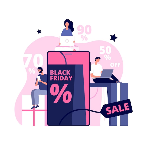 Black friday online. Shopping man girl, people buying on super discount. Ecommerce, shop in tablet and package delivery vector concept. Shop online service, promo purchase marketing illustration