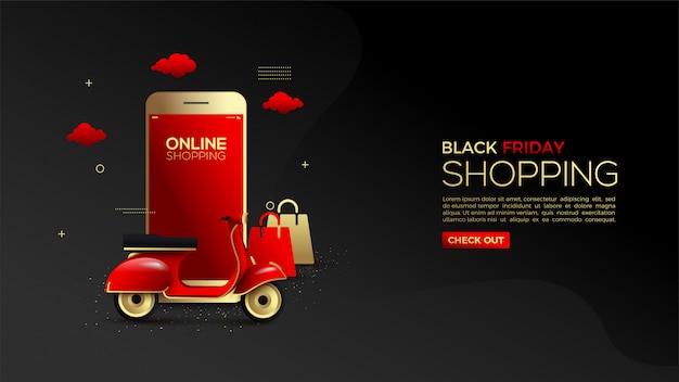 Black friday online winkelen met gouden smartphones en bestelwagens.