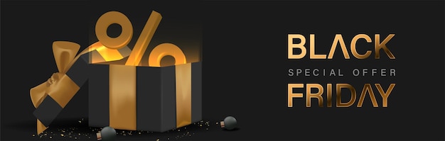 Black Friday-ontwerpposter met 3D-realistische zwarte geschenkdoos vectorillustratie. Geschikt voor Poster