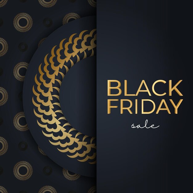 Black friday party poster template in dark blue color with abstract gold ornament