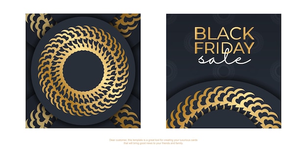 Black friday party poster template in dark blue color with vintage gold ornament