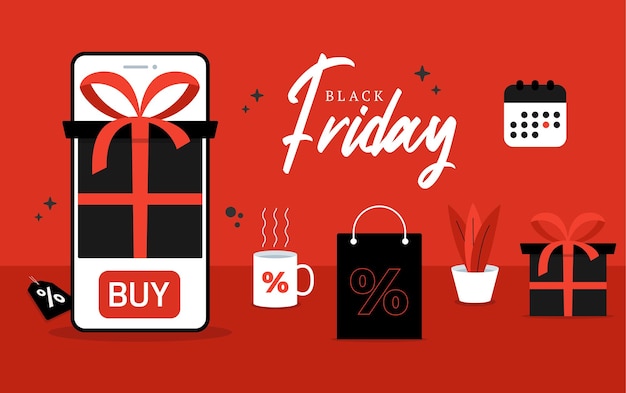 Acquisto online del telefono del black friday. concetto di elemento di design per lo shopping online del black friday. illustrazione del fumetto vettoriale