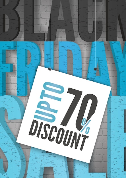 Black Friday price reduce realistic vector banner template. Up to 70 percent off discount text on hanging paper sheet. Sale advertisement poster layout with black and blue typography