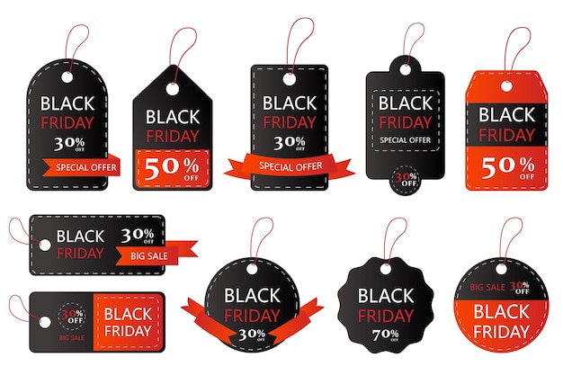 Black Friday price tags mega set in flat cartoon design Bundle elements of badges with discounts for seasonal shopping clearance and promotion offers Vector illustration isolated graphic objects