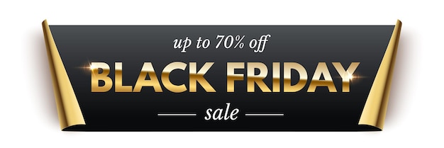 Vettore banner realistico del black friday, coupon di carta con illustrazione vettoriale di bordi curvi. promozione offerta sconto premium, testo del venerdì nero oro di lusso, foglio dorato arrotolato con ombra isolata su bianco