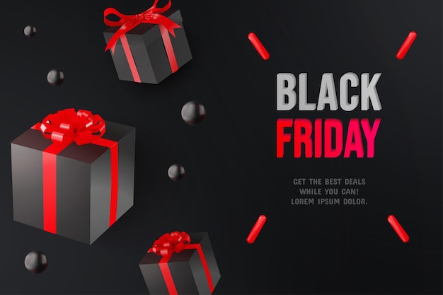 Black friday realistic gift boxes gifts and letters background black red color