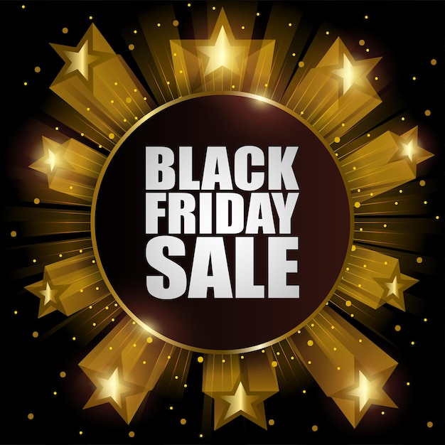 Vettore icona realistica e lussuosa del black friday con cornice dorata e raffica di stelle decorative, illustrazione vettoriale eps 10