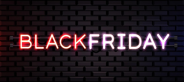 Vettore insegna al neon realistica del black friday per la decorazione e il rivestimento sul muro di mattoni