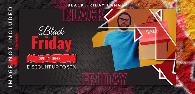 Black friday realistic super mega sell offer with discount offer banner design with a man photo