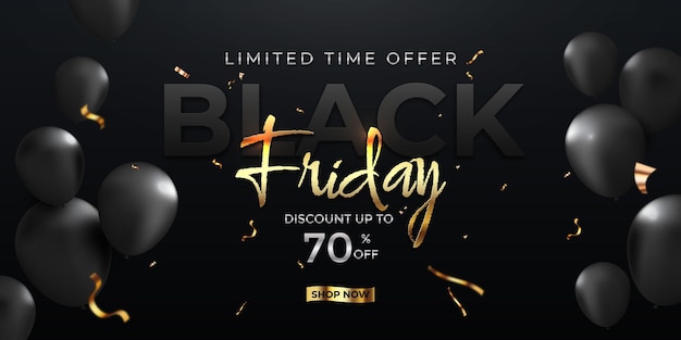 Black Friday-reclamebannerontwerp met 3D-gestileerde gouden kleurletters en glanzende ballonnen