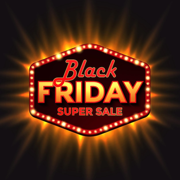 Black friday retro licht frame. promotioneel marketing kortingsevenement. ontwerpelement voor verkoopbanners, posters, kaarten. vector advertentie illustratie