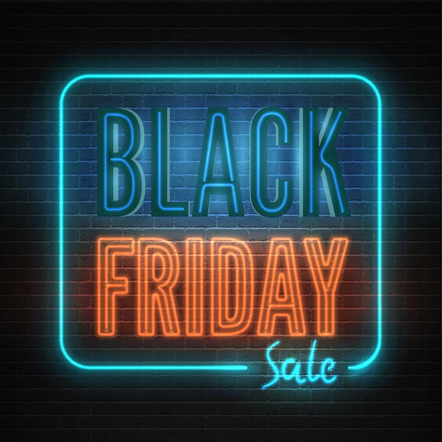 Black friday retro style neon light box with annual discount offer vector banner template