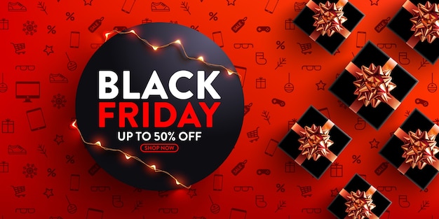 Saldi del black friday 50% di sconto poster con luci a led per vendita al dettaglio, shopping o promozione del black friday in stile rosso e nero