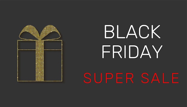 Sfondo di vendita del black friday banner di vendita con confezione regalo dorata e scritte su sfondo nero opaco