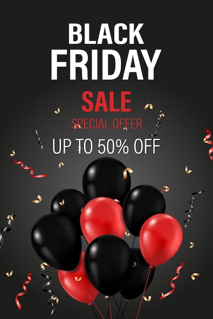 Black friday sale background with balloons and serpentine. modern design.universal vector background for poster, banners, flyers, card.