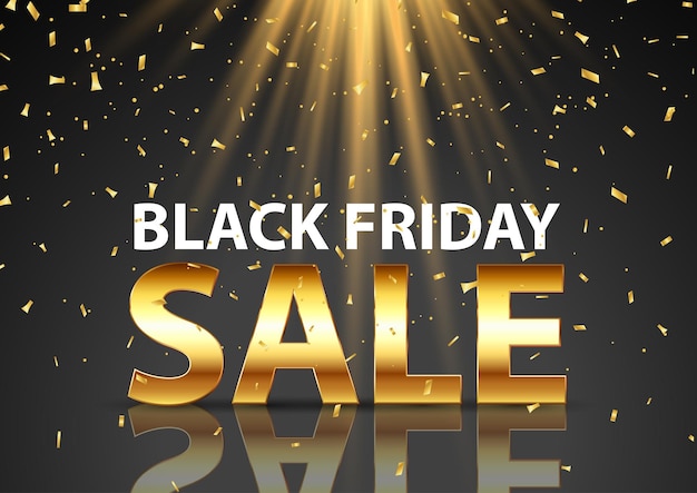 Black friday sale background with gold lettering under spotlights and gold confetti