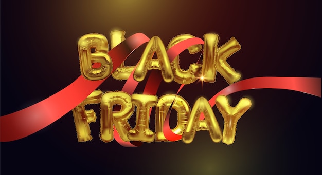 Black Friday sale background with metal balloons on a dark background and red ribbon around. Shiny gold letters.