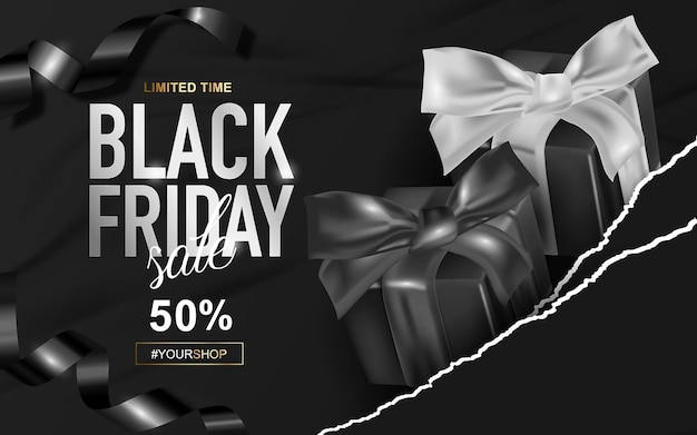 Black Friday Sale Banner-achtergrond met realistische 3D-objecten