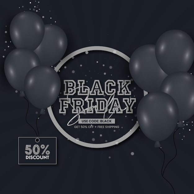 Black friday sale banner background with  balloons social media post template