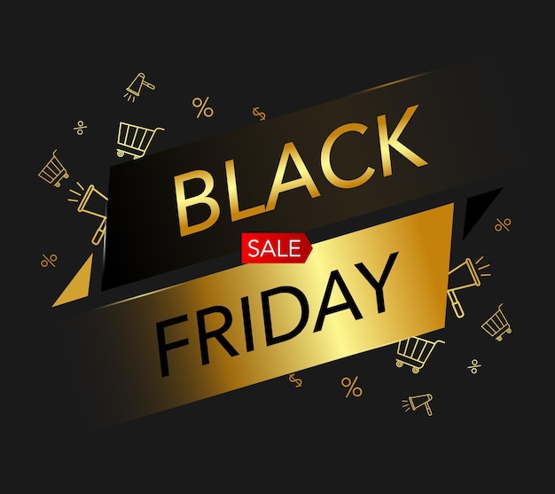 Vector black friday sale banner on black background with golden elements