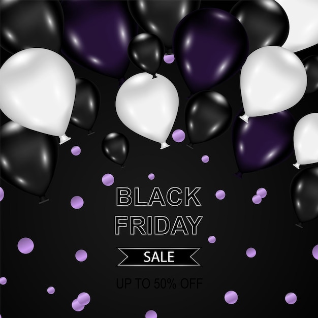 Vector black friday sale banner in dark colors with balloons and confetti