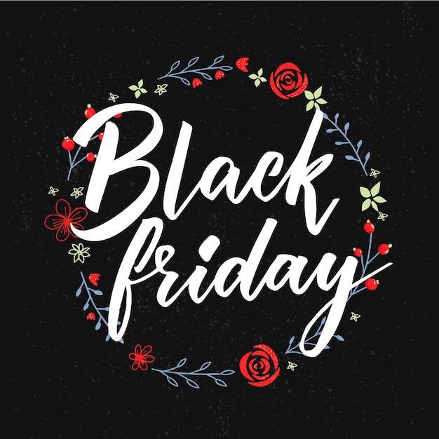 Vettore banner di vendita del black friday decorato con ghirlanda floreale. testo vettoriale di calligrafia.