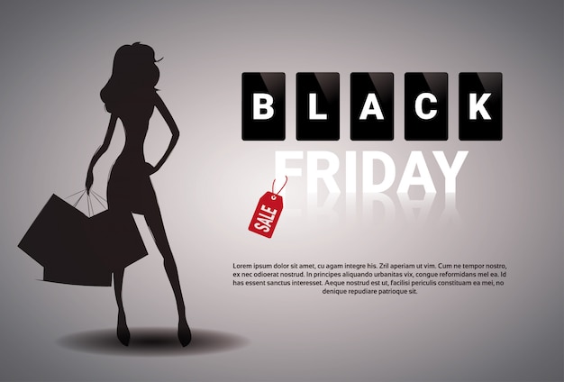 Vector black friday sale banner design with silhouette female holding shopping bags