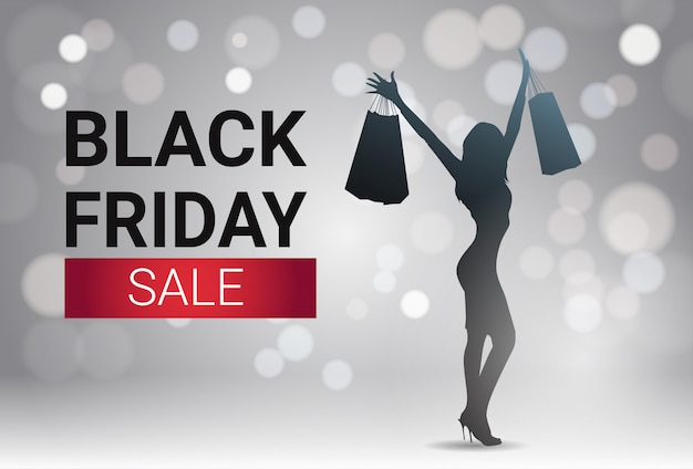 Progettazione dell'insegna di vendita di black friday con la festa femminile del fondo di bokeh delle luci della femmina della siluetta sopra