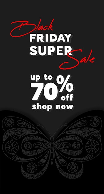 Black Friday Sale banner flyer Text and abstract butterfly on black background