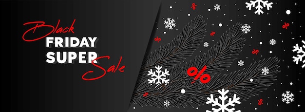 Вектор Черная пятница распродажа баннер флаер текст рождественские ветки деревьев и белые снежинки на черном фоне