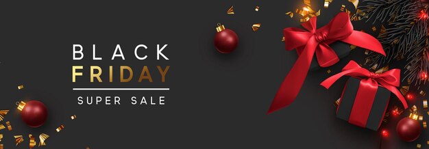 Vettore banner di vendita del black friday, testo in oro. ghirlanda di luci scintillanti di sfondo con confezione regalo e tinsel dorato, pallina di natale con coriandoli dorati. poster orizzontali, cartoline, brochure, copertine, intestazioni, sito web.