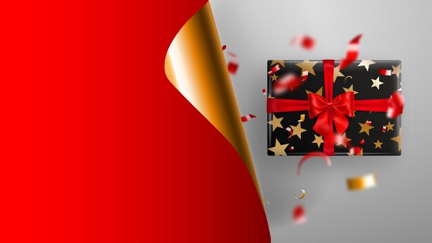 Black friday sale banner. golden curled paper corner and place for inscription. gift box, blurry red and yellow pieces of serpentine on white background. vector illustration for posters, flyers, cards