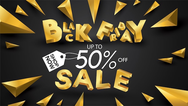 Black friday sale banner layout design background black and gold 50% discount offer badge