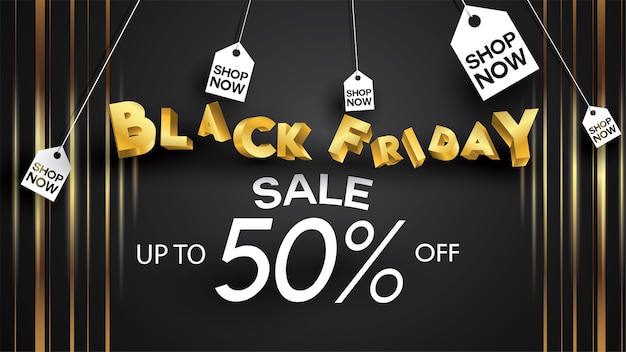 Vector black friday sale banner layout design background black and gold 50% discount offer flyer